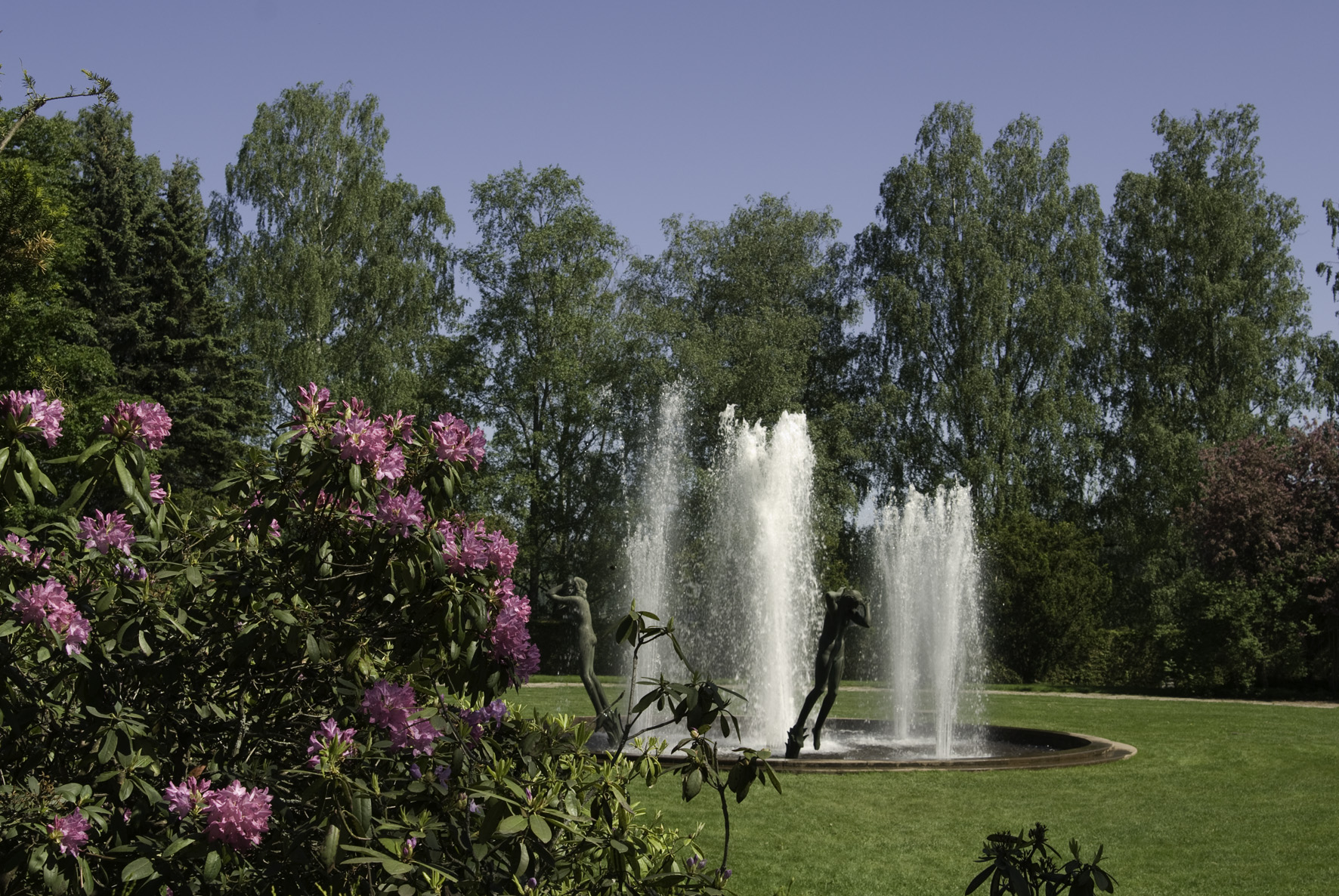 Skulpturpark i Rottneros Park, Sunne, med fontän och bronsskulpturer omgivna av grönskande träd och blommande rhododendron. Sommargrön parkmiljö under klarblå himmel.